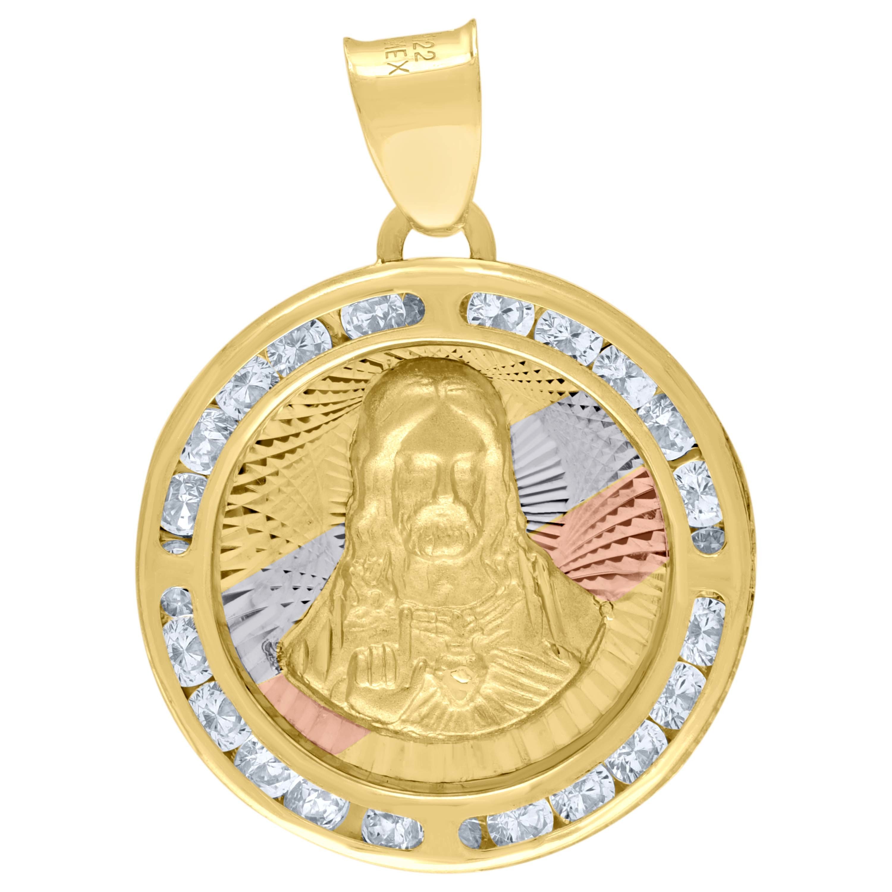 10kt 10k Tri-Color Gold Unisex Cubic Zirconia Religious Round Charm Pendant